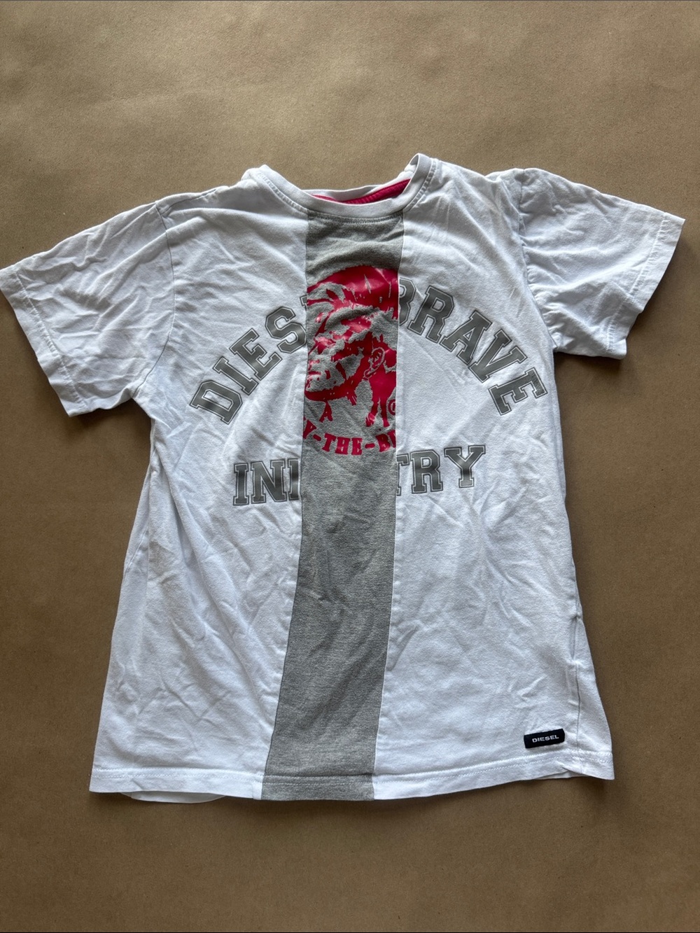 Diesel White T-Shirt with Gray Stripe and Red Graphic